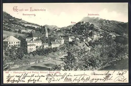 AK Losenstein, Panorama mit Kirche, Ruine und Schieferstein