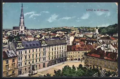 AK Linz a. d. Donau, Stadtpartie aus der Vogelschau