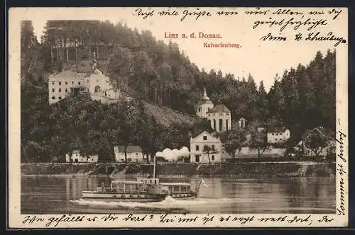 AK Linz a. d. Donau, Kalvarienberg vom Wasser aus gesehen, Dampfer