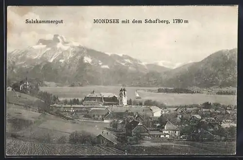 AK Mondsee, Ortsansicht mit dem Schafberg