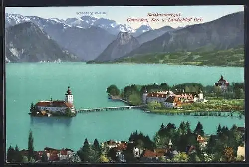 AK Gmunden, See & Landschloss Ort aus der Vogelschau