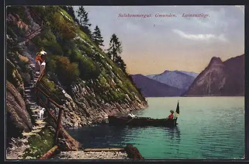 AK Gmunden /Salzkammergut, Ruderboot an der Lainaustiege