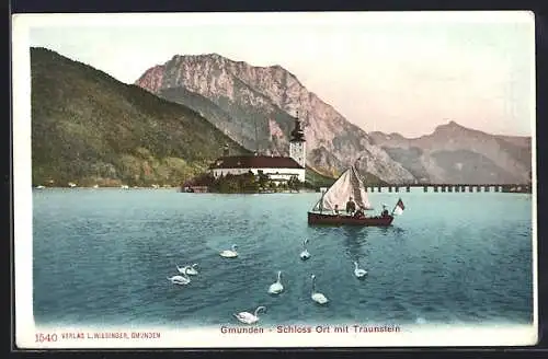 AK Gmunden, Schloss Ort mit Traunstein