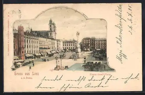 AK Linz a. d. Donau, Franz Josef-Platz mit Denkmal und Geschäften