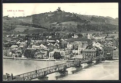 AK Linz a. d. Donau, Donaupartie mit Brücke