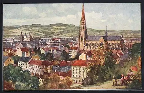 Künstler-AK Linz a. d. Donau, Teilansicht mit Kirche