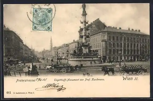 AK Wien, Praterstrasse mit Tegetthoff-Monument von Prof. K. Kundmann errichtet 1886