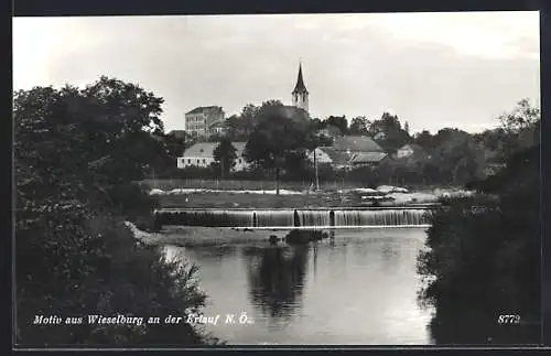 AK Wieselburg an der Erlauf, Flusspartie mit Blick zur Kirche