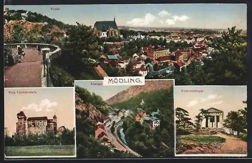 AK Mödling, Klausen, Burg Liechtenstein, Husarentempel und Totalansicht