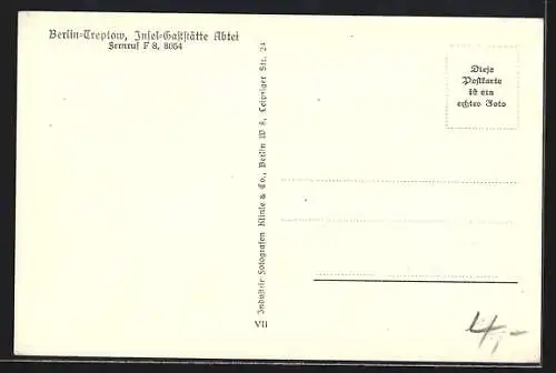 AK Berlin-Treptow, Insel-Gaststätte Abtei mit Flusspartie