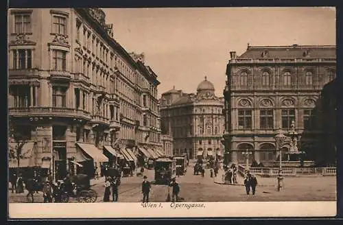 AK Wien, Oper, eine Strassenbahn in der Operngasse