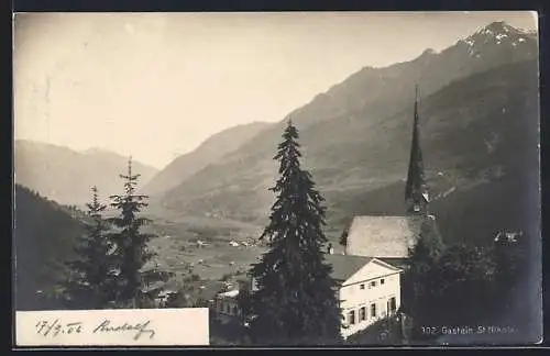 AK Gastein, Kirche St. Nikolaus mit Bergen