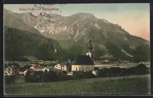 AK Gross-Gmain, Ortspartie mit Kirche und Lattengebirge