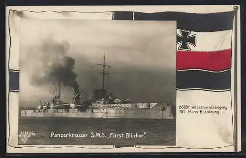 AK Panzerkreuzer S. M. S. Fürst Blücher gibt Volldampf, Passepartout mit Reichskriegsflagge