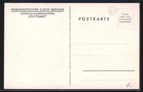 AK Passagierschiff Stuttgart in voller Fahrt, Norddeutscher Lloyd