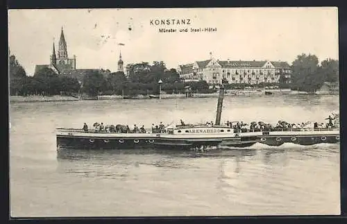 AK Konstanz, Salondampfer Arenaberg, das Münster und das Insel-Hotel vom Bodensee aus gesehen