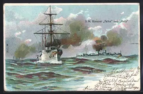 Lithographie SM Kreuzer Falke und Hela bei unruhiger See, Ostasiengeschwader