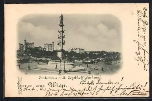 AK Wien, Praterstern mit Tegethoff-Denkmal, Pferdebahn