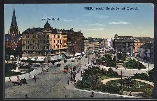 AK Wien, Mariahilferstrasse mit Obelisk u. Cafe Westend aus der Vogelschau