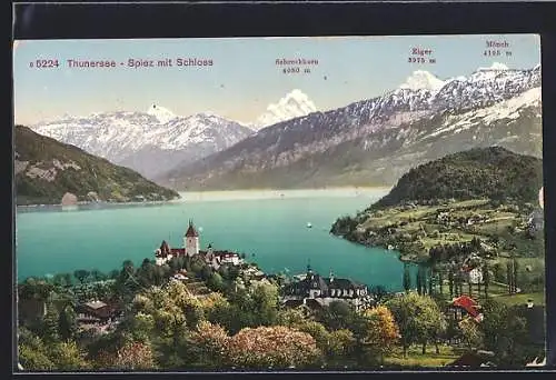 AK Spiez /Thunersee, Schloss mit Blick zum Schreckhorn, Eiger und Mönch