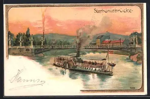 Lithographie Wien, Stefaniebrücke mit Dampfer