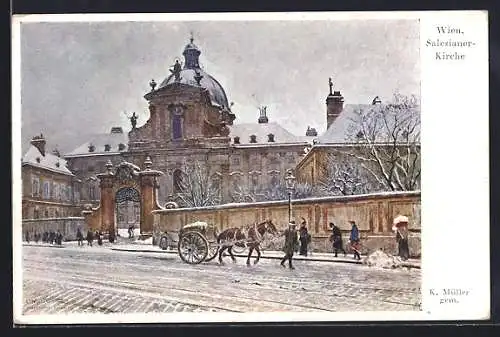 Künstler-AK Wien, Salesianer-Kirche im Winter, Pferdegespann