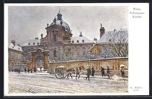 Künstler-AK Wien, Salesianer-Kirche im Winter, Pferdegespann