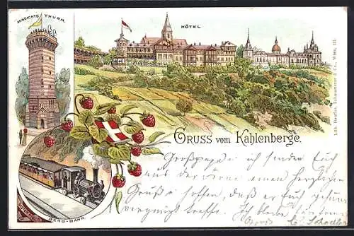 Lithographie Wien-Kahlenberg, Aussichtsthurm, Berg-Bahn, Hotel