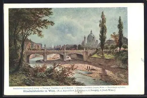 Lithographie Wien, Kirche mit Elisabethbrücke