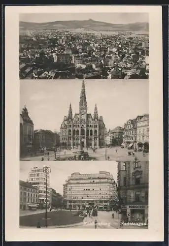 AK Reichenberg /Sudetengau, Platz mit Linoleumhaus und Drogerie, Rathaus, Panorama