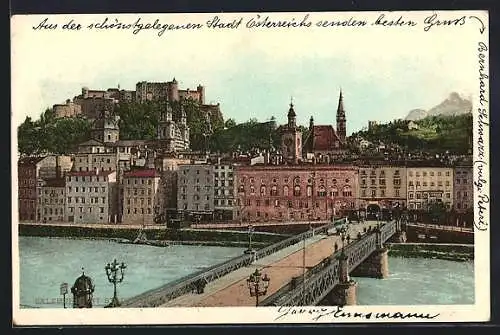 AK Salzburg, Teilansicht mit Stadtbrücke