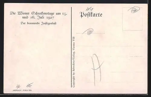 AK Wien, Schreckenstage am 15. und 16. Juli 1927, Brand des Justizpalastes