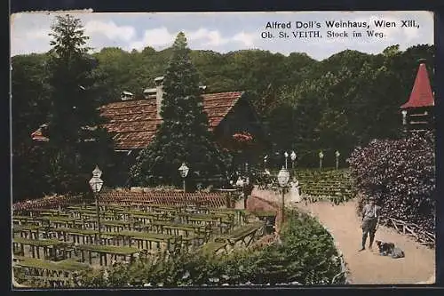 AK Wien, Ober St. Veit, Gasthaus Weinhaus A. Doll mit Gartenlokal, Stock im Weg