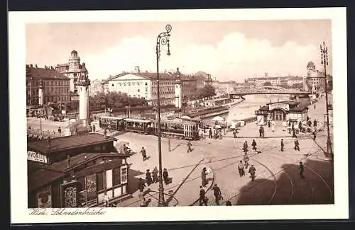 AK Wien, Strassenbahn fährt über die Schwedenbrücke