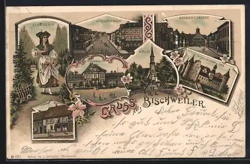 Lithographie Bischweiler, Buchhandlung L. Schneider, Progymnasium, Metzgerstrasse, Kirche, Krämerstrasse, altes Schloss