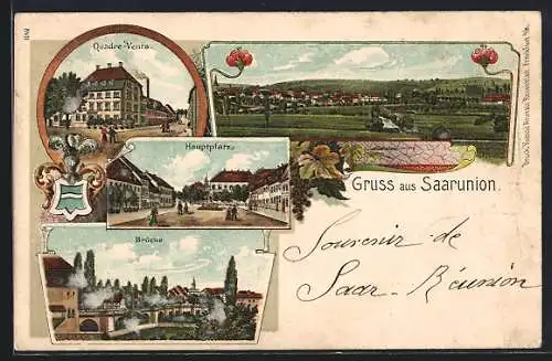 Lithographie Saarunion, Quadre-Vents, Brücke, Hauptplatz, Gesamtansicht
