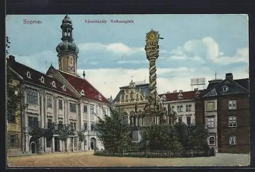 AK Sopron, Rathausplatz mit Denkmal