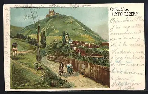 Lithographie Wien, Leopoldsberg und zwei Radfahrer