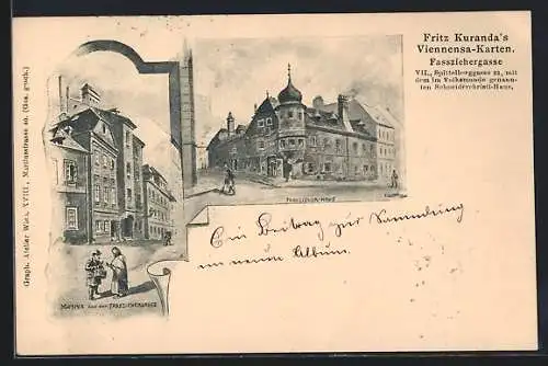 Künstler-AK Wien, Fassziehergasse und Fasszieher-Haus Spittelberggasse