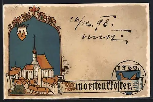 Lithographie Alt-Wien, Minoritenkloster 1569 mit Wappen