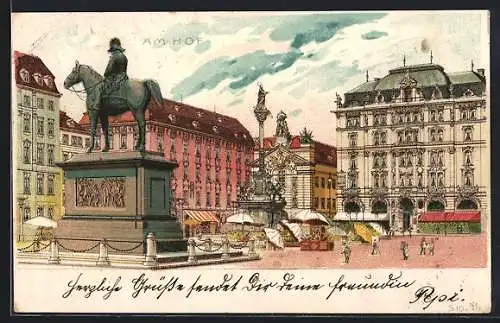 Lithographie Wien, Am Hof, Denkmal mit Passanten