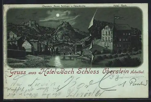 Mondschein-Lithographie Oberstein /Nahetal, Hotel-Bach Schloss Oberstein bei Nacht