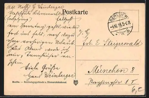AK Berlin, Reichstagsgebäude und Bismarckdenkmal