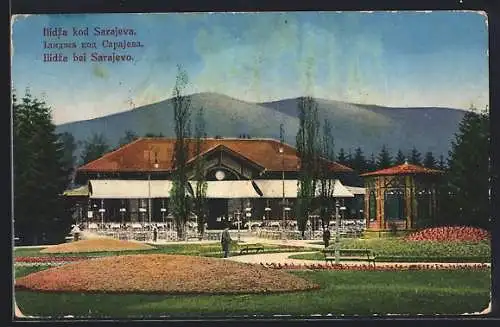 AK Ilidza bei Sarajevo, Gasthaus mit Terrasse, Anlagen und Pavillon