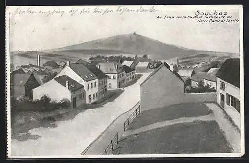 AK Souchez, Au fond sur la Hauteur la chapelle de Notre-Dame de Lorette