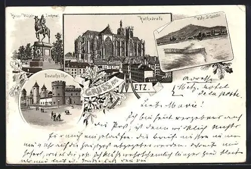 Lithographie Metz, Kaiser-Wilhelm-Denkmal, Kathedrale, Wehr St. Quentin, Deutsches Tor