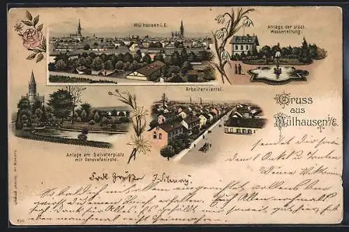 Lithographie Mülhausen, Strassenpartie im Arbeiterviertel, Anlage am Salvatorplatz