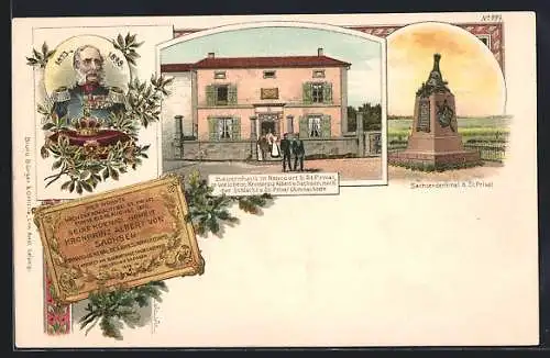 Lithographie Roncourt, Bauernhaus in welchem Kronprinz Albert von Sachsen übernachtete, Sachsendenkmal bei St. Privat