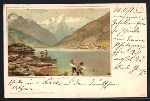 Lithographie Zell a. See, Liebespaar in einem Ruderboot