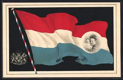 AK Wilhelmina von den Niederlanden mit Baby und Flagge